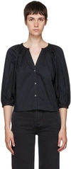 Staud Dill Puff-sleeve Cotton-blend Poplin Blouse In Black