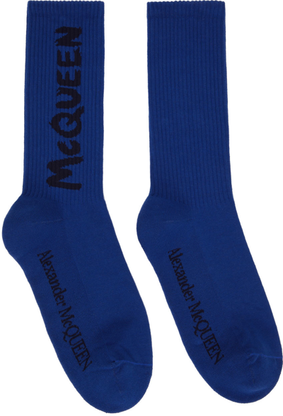 Alexander Mcqueen Intarsia-knit Logo Socks In Blue