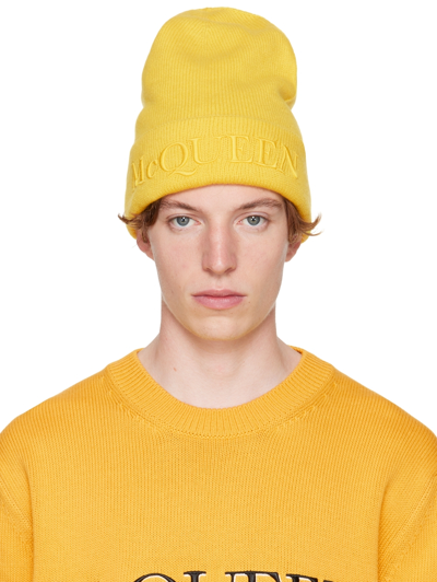 Alexander Mcqueen Embroidered Logo Cuffed Cashmere Beanie In Sun