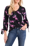 Cece Floral Print Tie Sleeve Blouse In Rich Black