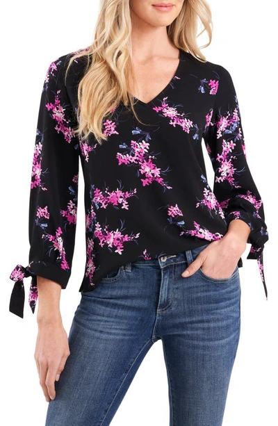 Cece Floral Print Tie Sleeve Blouse In Rich Black