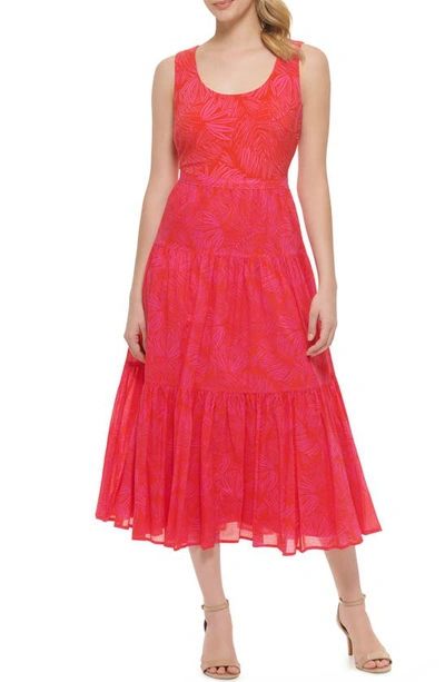 Tommy Hilfiger Palm Print Sleeveless Tiered Midi Dress In Orange/ Pink
