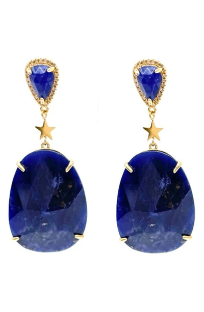 Adornia Fine 14k Gold Plated Sterling Silver Organic Cut Diamond & Blue Sapphire Dangle Earrings
