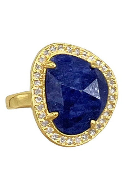Adornia Fine 14k Gold Plated Sterling Silver Diamond & Sapphire Halo Ring In Blue