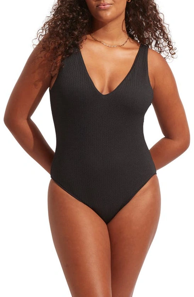 Seafolly Sea Dive Deep V-neck One-piece Swimsuit In Black