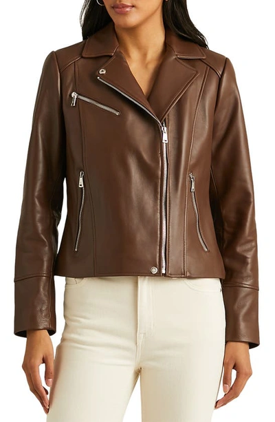 Lauren Ralph Lauren Lambskin Leather Moto Jacket In Cuoio