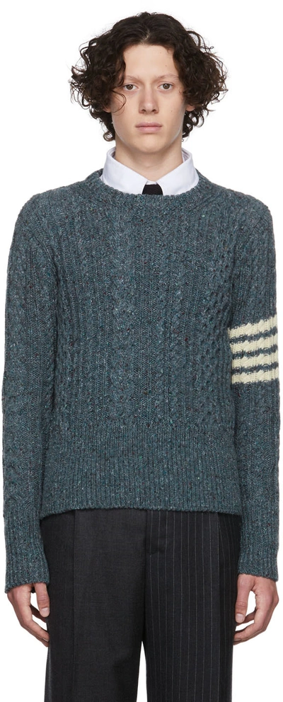 Thom Browne Four-bar Stripe Wool Cable Knit Donegal Sweater In Blue