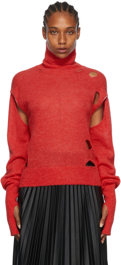 Mm6 Maison Margiela Distressed Alpaca-blend Roll-neck Sweater In Red