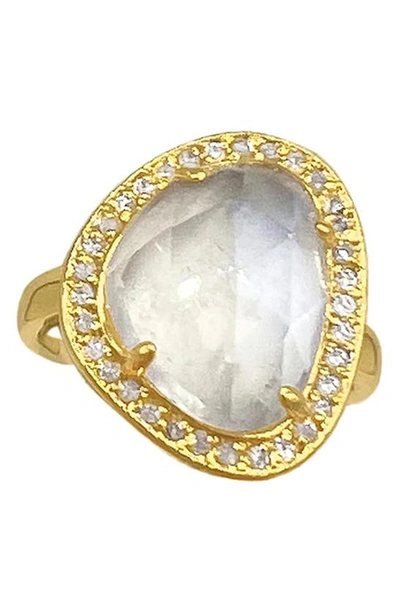Adornia Fine 14k Gold Plated Sterling Silver Diamond & Moonstone Halo Ring In White