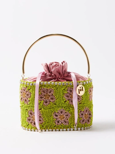 Rosantica Holli Crystal-embellished Crochet Handbag In Green Pink