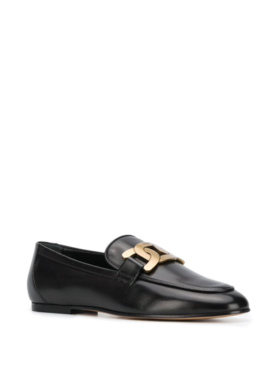 Tod's Kate  Black Leather Loafers With Chain Detail In Black Gold