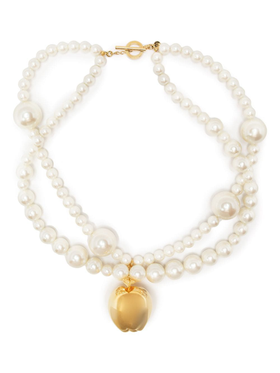 Undercover Apple Pendant Pearl Necklace In Pearl/gold