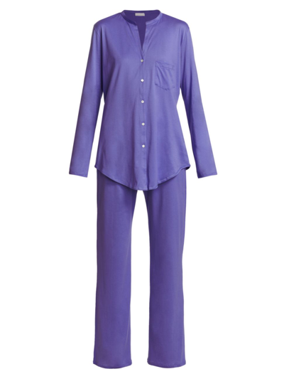 Hanro Cotton Deluxe Knit Pajama Set In Violet Blue
