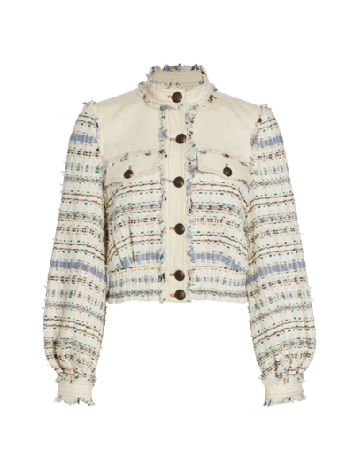 Veronica Beard Darren Cropped Twill-paneled Cotton-blend Bouclé Jacket In Ecru Multi