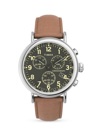 Timex Standard Chronograph Leather Strap Watch, 41mm In Brown Silver Tone Green