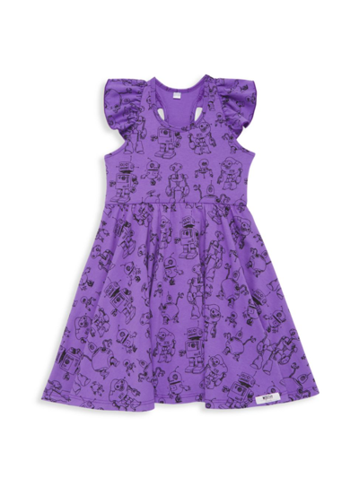 Worthy Threads Kids' Little Girl's & Girl's Robot Print Ruffle Sleeve Twirly Dress In Purple