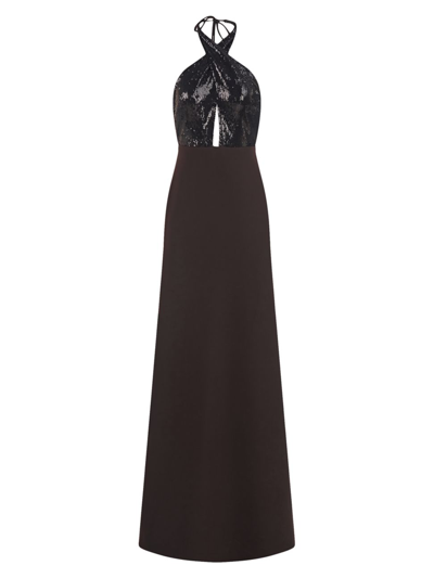 Halston Lacey Cutout Sequin Halter Gown In Black