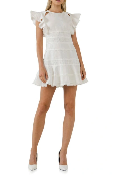 Endless Rose Women's Lace Trimmed Ruffle Sleeve Dress With Cutout In White