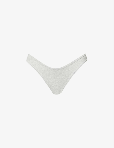 Skims Mid-rise Stretch-cotton Thong In Light Heather Grey