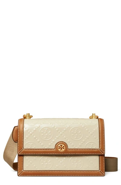 Tory Burch T Monogram Embossed Patent Leather Small Shoulder Bag In Fossil