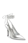 Attico Ankle Tie Pointed Toe Slingback Pump In Silver