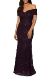 Xscape Off The Shoulder Embroidered Gown In Mulberry