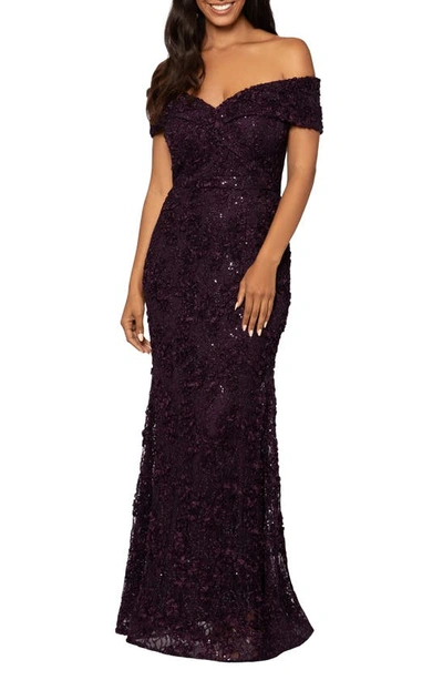 Xscape Off The Shoulder Embroidered Gown In Mulberry