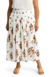 Vince Ikat Smocked Floral Print Skirt In Optic White