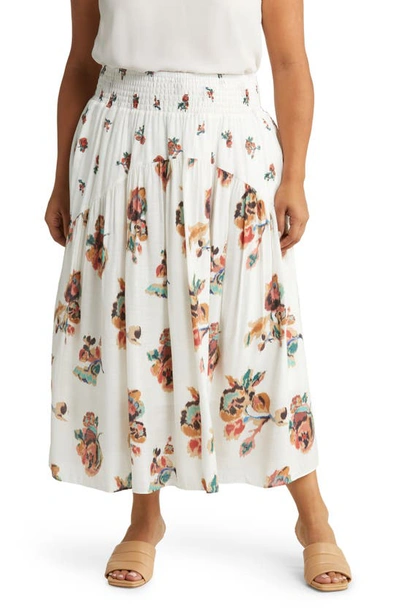 Vince Ikat Smocked Floral Print Skirt In Optic White
