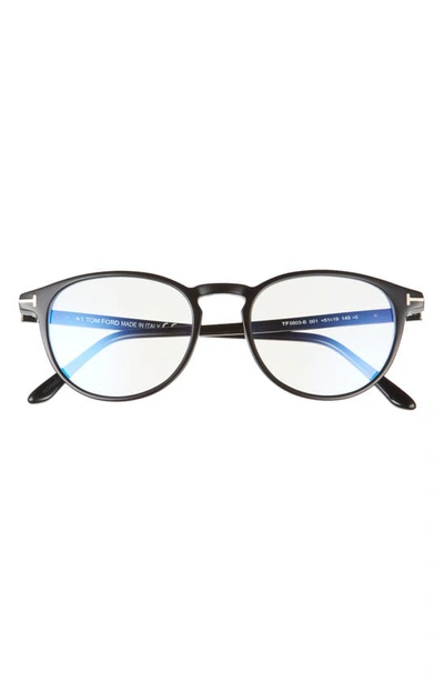 Tom Ford 51mm Round Blue Light Blocking Optical Glasses In Shiny Black