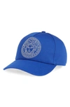 Versace First Line Medusa Studded Baseball Cap In Royal Blue/ Silver