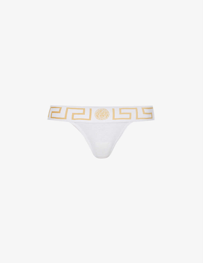 Versace Greca-border Mid-rise Stretch-cotton Jersey Thong In A1001 Optical White