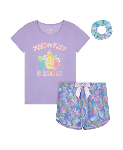 Max & Olivia Little Girls T-shirt And Shorts With Scrunchie Pajama Set, 3 Piece In Purple