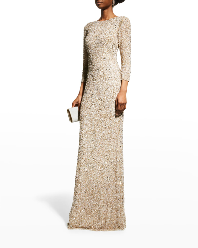 Theia Three-quarter Sleeve Sequin Sheath Gown In Champagne