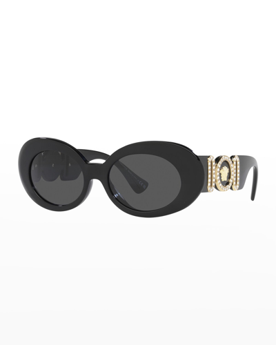 Versace Medusa Embellished Oval Acetate Sunglasses In Black
