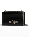 Alexander Mcqueen Shiny Croc-embossed Jeweled Shoulder Bag In Nero