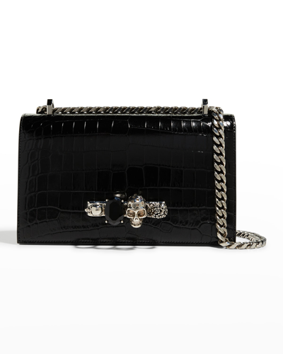 ALEXANDER MCQUEEN SHINY CROC-EMBOSSED JEWELED SHOULDER BAG