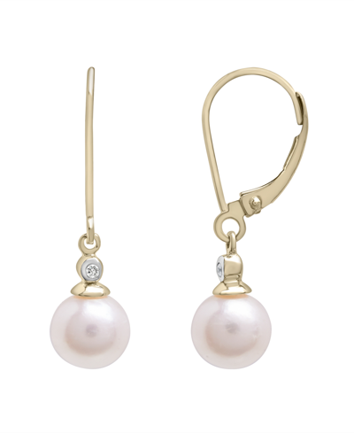 Macy's Cultured Freshwater Pearl With Diamond Accent Earrings In 14k Yellow Gold