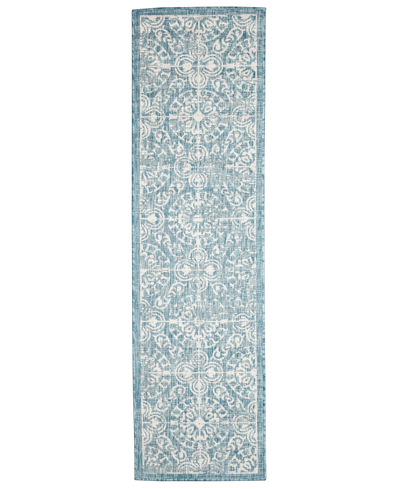 Liora Manne Carmel Antique-like-like Tile 1'11" X 7'6" Runner Outdoor Area Rug In Aqua