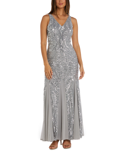 Nightway Sequined Mesh Gown In Silver