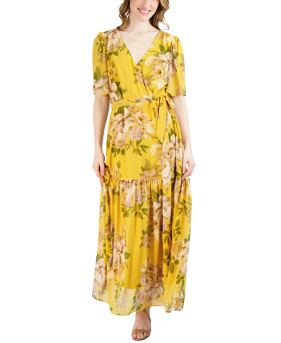 Donna Ricco Women's Floral-print Flutter-sleeve Maxi Dress In Yellow