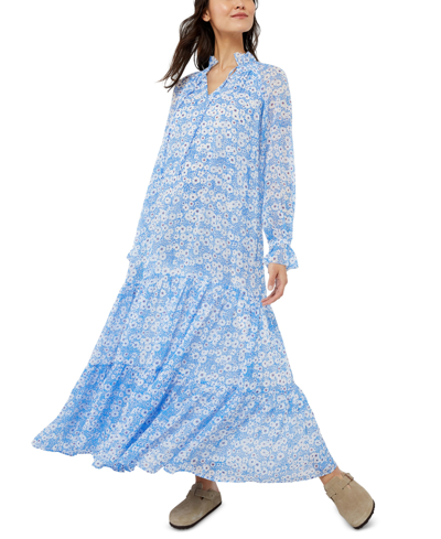 A Pea In The Pod Floral Long Sleeve Crinkle Chiffon Maxi Maternity Dress In White Blue Floral