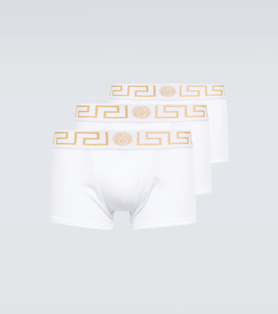 Versace Greca Set Of Three Cotton-blend Briefs In Bianco
