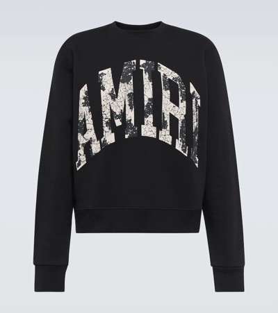 Amiri Collegiate Distressed Logo-print Boxy-fit Cotton-jersey Sweatshirt In Black