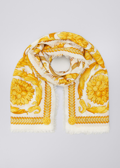 Versace Barocco-print Cashmere-blend Scarf In White/gold