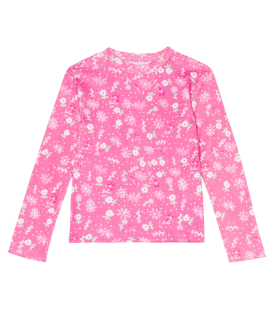 Erl Kids' Floral-print Waffle-knit Cotton T-shirt In Pink