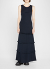 Mm6 Maison Margiela Ruffled Ribbed Wool-blend Maxi Dress In Navy