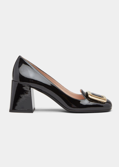Miu Miu Patent Buckle Block-heel Pumps In Nero