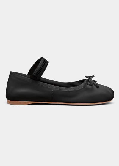 Miu Miu Leather Mary Jane Ballerina Flats In Nero