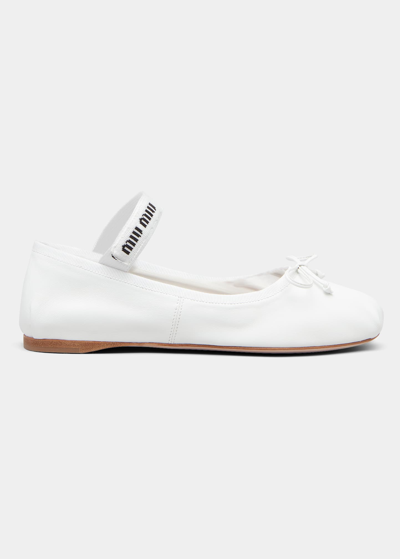 Miu Miu Leather Mary Jane Ballerina Flats In Bianco